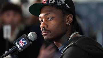 Feb 5, 2026; Santa Clara, CA, USA; New England Patriots wide receiver Stefon Diggs (8) talks to media members at the Santa Clara Marriott. Mandatory Credit: Darren Yamashita-Imagn Images