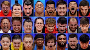 Este curioso y original mosaico muestra las caras de los atletas que han participado en el Campeonato de Europa de halterofilia, en el momento del máximo esfuerzo, durante el levantamiento de las pesas. La competición ha tenido lugar del 3 al 11 de abril en Moscú, donde algunos dejaron sellado su billete para Tokio 2020.