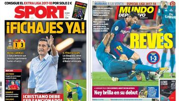 Portadas de los diarios Sport y Mundo Deportivo del día 14 de agosto de 2017.