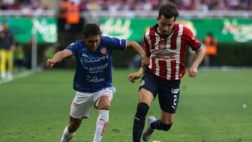 (L-R), Juan Pablo Dominguez of Necaxa and Alan Mozo of Guadalajara during the game Guadalajara vs Necaxa, corresponding to Round 14 of the Torneo Clausura 2023 of the Liga BBVA MX, at Akron Stadium, on April 08, 2023.

<br><br>

(I-D), Juan Pablo Dominguez de Necaxa y Alan Mozo de Guadalajara durante el partido Guadalajara vs Necaxa, Correspondiente a la Jornada 14 del Torneo Clausura 2023 de la Liga BBVA MX, en el Estadio Akron, el 08 de Abril de 2023.