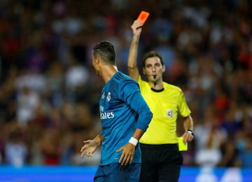 Cristiano Ronaldo is shown the red card by referee Ricardo de Burgos Bengoetxea.