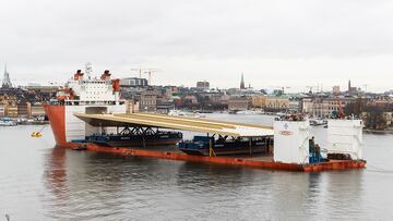 STOCKHOLM, SWEDEN - MARCH 12: Chinese cargo ship Zhen Hua 33 arrives at Slussen carrying the new golden bridge which will connect the old town with the island of Sodermalm on March 12, 2020 in Stockholm, Sweden. The renovation of Slussen is one of the largest construction projects in Sweden, construction began in 2016 and is estimated to be complete in 2025. (Photo by Michael Campanella/Getty Images)
