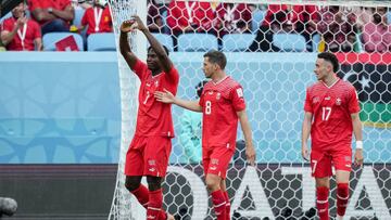 AL WAKRAH, QATAR - NOVEMBER 24: Breel Embolo (Switzerland) celebrates after scoring his team's first goal during the FIFA World Cup Qatar 2022 Group G match between Switzerland and Cameroon at Al Janoub Stadium on November 24, 2022 in Al Wakrah, Qatar. (Photo by Berengui/DeFodi Images via Getty Images)