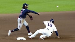 Atlanta Braves&#039; second baseman Ozzie Albies (1) forces out Houston Astros catcher Jason Castro (18) but cannot turn a double play during the 9th inning in game one of the 2021 World Series at Minute Maid Park. 