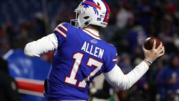 BUFFALO, NEW YORK - JANUARY 15: Josh Allen #17 of the Buffalo Bills warms up prior to the AFC Wild Card playoff game against the New England Patriots at Highmark Stadium on January 15, 2022 in Buffalo, New York.   Timothy T Ludwig/Getty Images/AFP
 == FOR