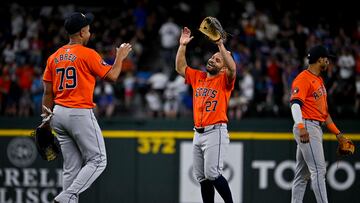 Apr 7, 2024; Arlington, Texas, USA; Houston Astros first baseman Jose Abreu (79) and second baseman Jose Altuve (27) celebrate after the Astros defeat the Texas Rangers at Globe Life Field. Mandatory Credit: Jerome Miron-USA TODAY Sports