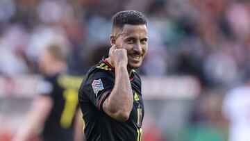 Belgium's midfielder Eden Hazard reacts during the UEFA Nations League - League A - Group 4 football match between Belgium and Poland at The King Baudouin Stadium in Brussels, on June 8, 2022. (Photo by Kenzo TRIBOUILLARD / AFP)