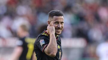 Belgium's midfielder Eden Hazard reacts during the UEFA Nations League - League A - Group 4 football match between Belgium and Poland at The King Baudouin Stadium in Brussels, on June 8, 2022. (Photo by Kenzo TRIBOUILLARD / AFP)