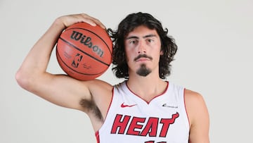 MIAMI, FLORIDA - OCTOBER 2: Jaime Jaquez Jr. #11 of the Miami Heat poses for a photo during media day at Kaseya Center on October 2, 2023 in Miami, Florida. NOTE TO USER: User expressly acknowledges and agrees that, by downloading and or using this photograph, User is consenting to the terms and conditions of the Getty Images License Agreement.   Sam Navarro/Getty Images/AFP (Photo by Sam Navarro / GETTY IMAGES NORTH AMERICA / Getty Images via AFP)