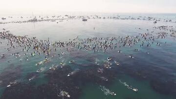 Im&aacute;genes a&eacute;reas homenaje a Jack O&#039;Neill en Santa Cruz (California). M&aacute;s de 3.000 surfistas en el agua. R&eacute;cord del mundo.