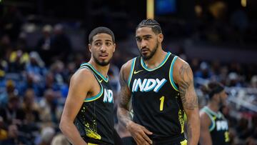 Nov 3, 2023; Indianapolis, Indiana, USA; Indiana Pacers guard Tyrese Haliburton (0) and forward Obi Toppin (1) in the first half against the Cleveland Cavaliers at Gainbridge Fieldhouse. Mandatory Credit: Trevor Ruszkowski-USA TODAY Sports