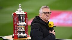 BBC TV presenter Gary Lineker prepares to broadcast inside the make-shift television studio ahead of the English FA Cup