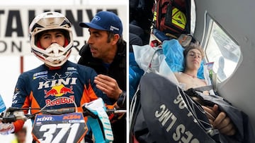 Nani Roma con su hijo Marc, que fue trasladado en helicóptero tras su accidente.