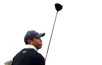 Tiger Woods of the United States tees off the ninth hole during a pro-am prior to The Genesis Invitational at Riviera Country Club