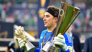 Jul 16, 2023; Inglewood, California, USA; Mexico goalkeeper Guillermo Ochoa (13) celebrates the Gold Cup final victory against Panama at SoFi Stadium. Mandatory Credit: Gary A. Vasquez-USA TODAY Sports