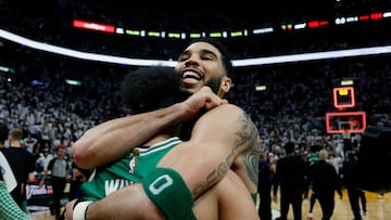 May 27, 2023; Miami, Florida, USA; Boston Celtics guard Derrick White (9) celebrates with forward Jayson Tatum (0) after defeating the Miami Heat in game six of the Eastern Conference Finals for the 2023 NBA playoffs at Kaseya Center. Mandatory Credit: Sam Navarro-USA TODAY Sports