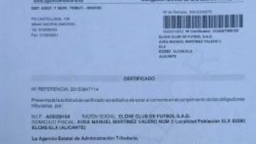 El Elche obtuvo ayer el certificado positivo de la Agencia Tributaria.