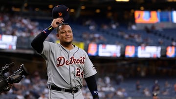 NEW YORK, NEW YORK - SEPTEMBER 5: DJ Miguel Cabrera #24 of the Detroit Tigers tips his cap to the fans as he is introduced during a pre-game ceremony honoring his upcoming retirement before their game at Yankee Stadium on September 5, 2023 in New York City. It is Cabrera's last visit to the Bronx as he announced his retirement after the season. The Yankees defeated the Tigers 5-1. Rich Schultz/Getty Images/AFP (Photo by Rich Schultz / GETTY IMAGES NORTH AMERICA / Getty Images via AFP)