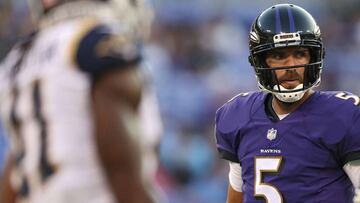 BALTIMORE, MD - AUGUST 09: Quarterback Joe Flacco #5 of the Baltimore Ravens looks on against the Los Angeles Rams in the first half during a preseason game at M&amp;T Bank Stadium on August 9, 2018 in Baltimore, Maryland.   Patrick Smith/Getty Images/AFP
 == FOR NEWSPAPERS, INTERNET, TELCOS &amp; TELEVISION USE ONLY ==