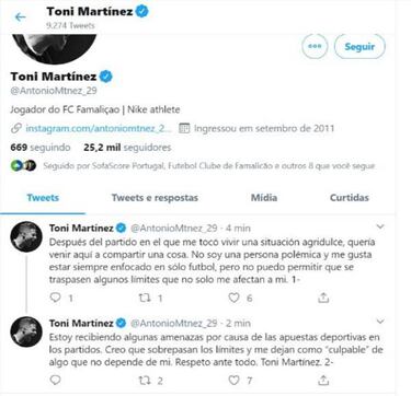 Toni Martínez: "Estoy siendo amenazado por las apuestas..."
