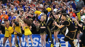 Alvaro Folgueiras #7 of the Iowa Hawkeyes reacts after his made three point basket against the Florida Gators with under five seconds left during the second half in the second round of the 2026 NCAA Men's Basketball Tournament at Benchmark International Arena on March 22, 2026 in Tampa, Florida.
