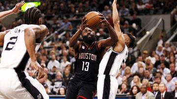 May 1, 2017; San Antonio, TX, USA; Houston Rockets shooting guard James Harden (13) drives to the basket as San Antonio Spurs point guard Patty Mills (right) and Kawhi Leonard (2) defend during the first half in game one of the second round of the 2017 NBA Playoffs at AT&amp;T Center. Mandatory Credit: Soobum Im-USA TODAY Sports