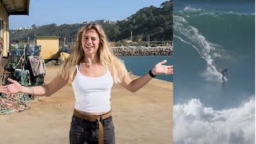 Laura Crane enseñando su base en Nazaré y surfeando una ola gigante.