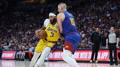 DENVER, COLORADO - MAY 16: Anthony Davis #3 of the Los Angeles Lakers drives to the basket against Nikola Jokic #15 of the Denver Nuggets during the second quarter in game one of the Western Conference Finals at Ball Arena on May 16, 2023 in Denver, Colorado. NOTE TO USER: User expressly acknowledges and agrees that, by downloading and or using this photograph, User is consenting to the terms and conditions of the Getty Images License Agreement.   Matthew Stockman/Getty Images/AFP (Photo by MATTHEW STOCKMAN / GETTY IMAGES NORTH AMERICA / Getty Images via AFP)