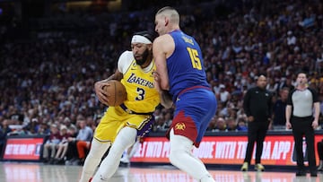 DENVER, COLORADO - MAY 16: Anthony Davis #3 of the Los Angeles Lakers drives to the basket against Nikola Jokic #15 of the Denver Nuggets during the second quarter in game one of the Western Conference Finals at Ball Arena on May 16, 2023 in Denver, Colorado. NOTE TO USER: User expressly acknowledges and agrees that, by downloading and or using this photograph, User is consenting to the terms and conditions of the Getty Images License Agreement. Matthew Stockman/Getty Images/AFP (Photo by MATTHEW STOCKMAN / GETTY IMAGES NORTH AMERICA / Getty Images via AFP)