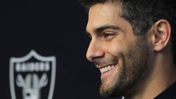 HENDERSON, NEVADA - MARCH 17: Quarterback Jimmy Garoppolo is introduced at the Las Vegas Raiders Headquarters/Intermountain Healthcare Performance Center on March 17, 2023 in Henderson, Nevada.   Ethan Miller/Getty Images/AFP (Photo by Ethan Miller / GETTY IMAGES NORTH AMERICA / Getty Images via AFP)