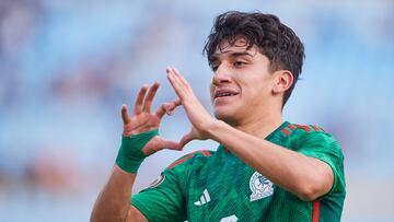 Jose Urias celebra su gol 2-0 de Mexico durante el partido Mexico (Seleccion Nacional Mexicana) vs El Salvador, correspondiente a Cuartos de final del campeonato Masculino Sub-17 de la Concacaf Guatemala 2023, en el Estadio Doroteo Guamuch Flores, el 21 de Febrero de 2023.