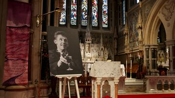 A picture of late Irish singer Shane MacGowan is displayed on the day of his funeral procession, in Tipperary, Ireland, December 8, 2023. REUTERS/Karen Cox