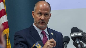 Pasquotank County District Attorney Andrew Womble answers questions from reporters after announcing he will not charge deputies in the April 21 fatal shooting of Andrew Brown Jr. during a news conference Tuesday, May 18, 2021 at the Pasquotank County Public Safety building in Elizabeth City, N.C.  Womble said he would not release bodycam video of the confrontation between Brown, a Black man, and the law enforcement officers, but he played portions of the video during the news conference that were broadcast by multiple news outlets.  (Travis Long/The News &amp; Observer via AP)