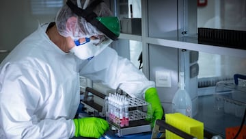 Un trabajador de un laboratorio prepara muestras para su análisis durante la crisis de coronavirus.