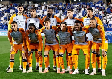 Once inicial del Real Madrid. Thibaut Courtois, Raúl Asencio, Antonio Rüdiger, Federico Valverde, Jude Bellingham, Dani Ceballos, Eduardo Camavinga, Arda Güler, fran García, Vinicius Junior y Kylian Mbappé.