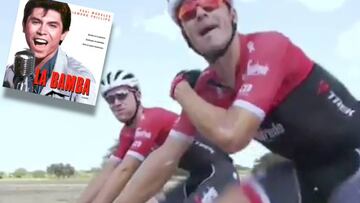 El equipo de Contador cantando 'La Bamba' en plena carrera