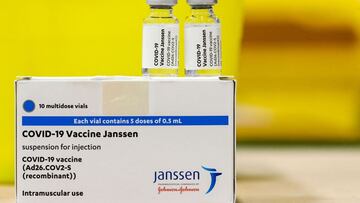 (FILES) In this file photo taken on April 30, 2021 this picture shows a pack and vials of the single-dose Johnson &amp; Johnson Janssen Covid-19 vaccine pictured at the ZNA Middelheim hospital in Antwerp. - A Canadian government advisory panel on May 3, 2