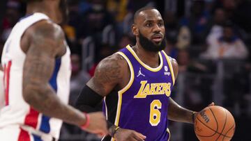 Nov 21, 2021; Detroit, Michigan, USA; Los Angeles Lakers forward LeBron James (6) dribbles the ball during the first quarter against the Detroit Pistons at Little Caesars Arena. Mandatory Credit: Raj Mehta-USA TODAY Sports