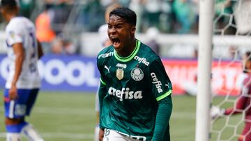 BRA50. SAO PAULO (BRASIL), 09/04/2023.- El jugador de Palmeiras Endrick celebra su gol ante ?gua Santa hoy, durante el partido de vuelta de la final del Campeonato Paulista entre Palmeiras y ?gua Santa, en el estadio Allianz Parque de Sao Paulo (Brasil). EFE/ Isaac Fontana