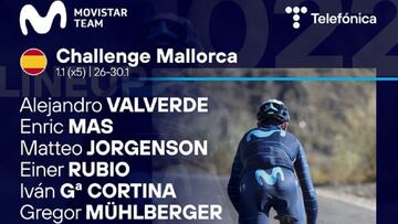 Cartel promocional del Movistar Team para la Challenge de Mallorca con la lista de corredores que competirán en las cinco clásicas mallorquinas.