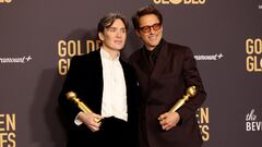 Cillian Murphy, winner of the award for Best Performance by a Male Actor in a Motion Picture for "Oppenheimer", and Robert Downey Jr., winner of the award for Best Performance by a Male Actor in a Supporting Role in any Motion Picture for "Oppenheimer", pose at the 81st Annual Golden Globe Awards in Beverly Hills, California, U.S., January 7, 2024. REUTERS/Mario Anzuoni