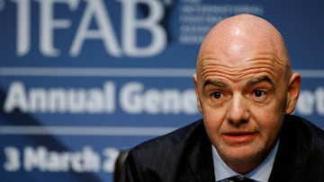 FIFA President Gianni Infantino addresses a news conference after the 132nd Annual Meeting of the IFAB (International Football Association Board) at FIFA&#039;s headquarters in Zurich, Switzerland March 3, 2018.  REUTERS/Arnd Wiegmann