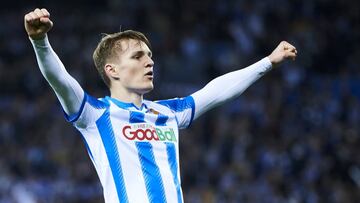 Martín Odegaard celebra un gol contra el Mirandés en la Copa del Rey,