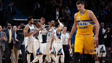 Jan 22, 2017; Minneapolis, MN, USA; Minnesota Timberwolves celebrate their win after the game against the Denver Nuggets at Target Center. The Minnesota Timberwolves beat the Denver Nuggets 111-108. Mandatory Credit: Brad Rempel-USA TODAY Sports