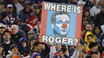Jan 22, 2017; Foxborough, MA, USA; Fans hold up a sign in reference to NFL commissioner Roger Goodell during the second quarter in the 2017 AFC Championship Game between the New England Patriots and the Pittsburgh Steelers at Gillette Stadium. Mandatory Credit: Winslow Townson-USA TODAY Sports