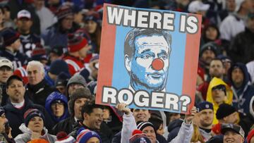 Jan 22, 2017; Foxborough, MA, USA; Fans hold up a sign in reference to NFL commissioner Roger Goodell during the second quarter in the 2017 AFC Championship Game between the New England Patriots and the Pittsburgh Steelers at Gillette Stadium. Mandatory Credit: Winslow Townson-USA TODAY Sports