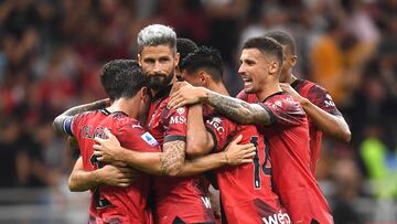 Soccer Football - Serie A - AC Milan v Torino - San Siro, Milan, Italy - August 26, 2023 AC Milan's Olivier Giroud celebrates scoring their second goal with teammates REUTERS/Daniele Mascolo