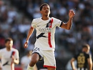 Soccer Football - Ligue 1 - Angers SCO v Paris St Germain - Stade Raymond Kopa, Angers, France - April 25, 2026 Paris St Germain's Senny Mayulu celebrates scoring their second goal REUTERS/Stephane Mahe
