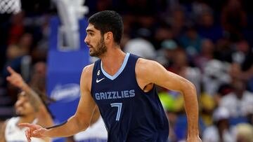 ORLANDO, FLORIDA - OCTOBER 11: Santi Aldama #7 of the Memphis Grizzlies reacts to a play during a preseason game against the Orlando Magicat Amway Center on October 11, 2022 in Orlando, Florida. Mike Ehrmann/Getty Images/AFP NOTE TO USER: User expressly acknowledges and agrees that, by downloading and or using this photograph, User is consenting to the terms and conditions of the Getty Images License Agreement.