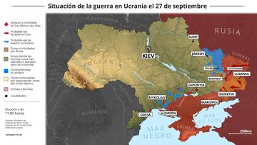 Mapa con la situación de la guerra en Ucrania el 27 de septiembre (Estado a las 11:00 horas). Los servicios de Inteligencia de Reino Unido consideran que hay "una posibilidad realista" de que el presidente de Rusia, Vladimir Putin, anuncie el viernes la anexión formal de los territorios del este de Ucrania donde se están celebrando durante estos días referéndums.
27 SEPTIEMBRE 2022
Europa Press
27/09/2022